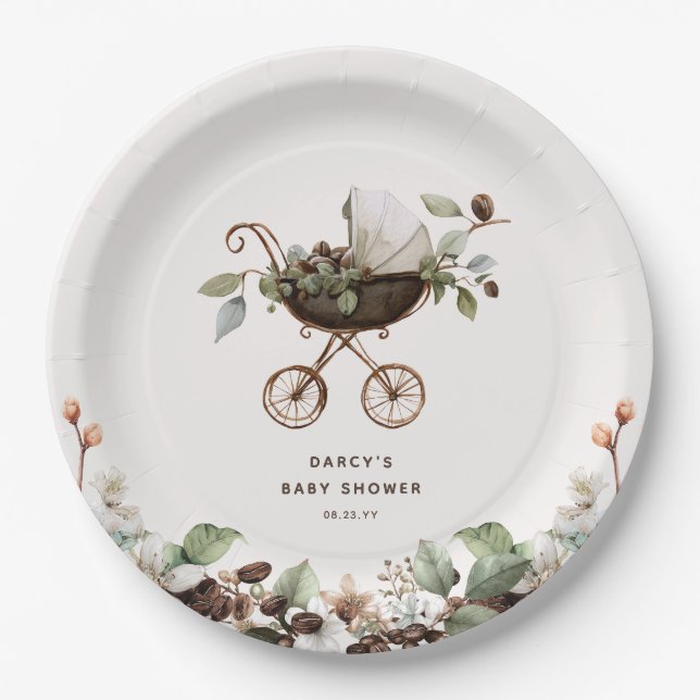 Pram 'Baby is Brewing' Coffee Baby Shower Paper Plate (Front)