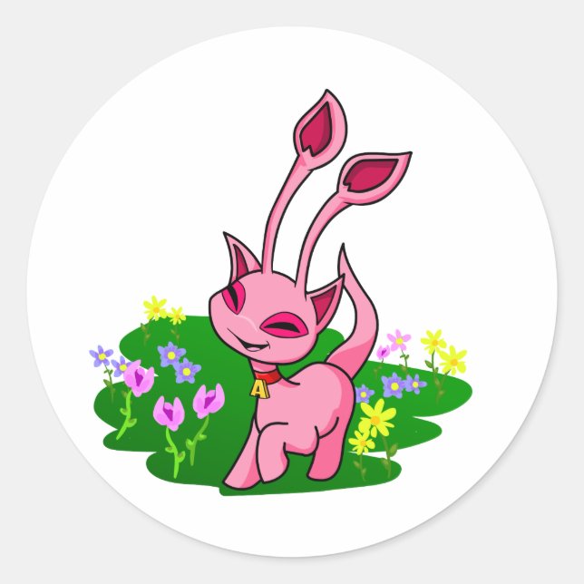 Prancing pink Aisha through flowers Classic Round Sticker (Front)