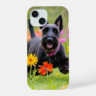 Prancing Scottish Terriers in grass and flowers iPhone 15 Case