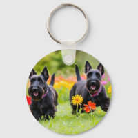 Prancing Scottish Terriers in grass and flowers