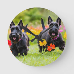 Prancing Scottish Terriers in grass and flowers Round Clock