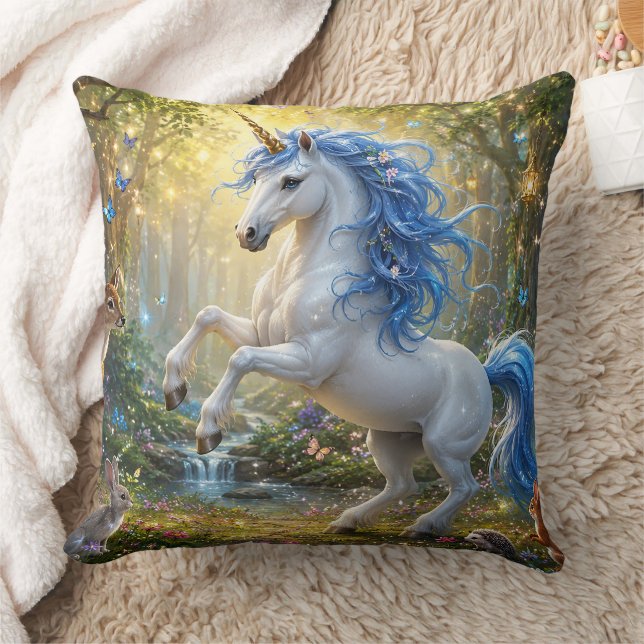 Prancing Unicorn flowing blue mane Cushion (Blanket)