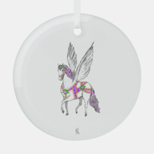 Prancing White Pegasus Vintage Carousel Horse  Glass Tree Decoration