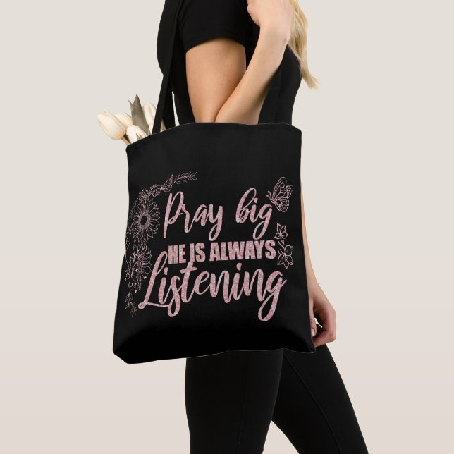 Pray Big Quote Black with Pink Tote Bag (Close Up)