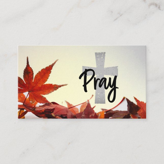 Pray Christian Cross, Autumn Red Leaves Business Card (Front)