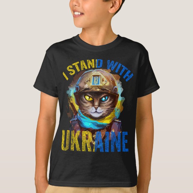 Pray For Support Ukrainian Cat Soldier Stand With  T-Shirt (Front)
