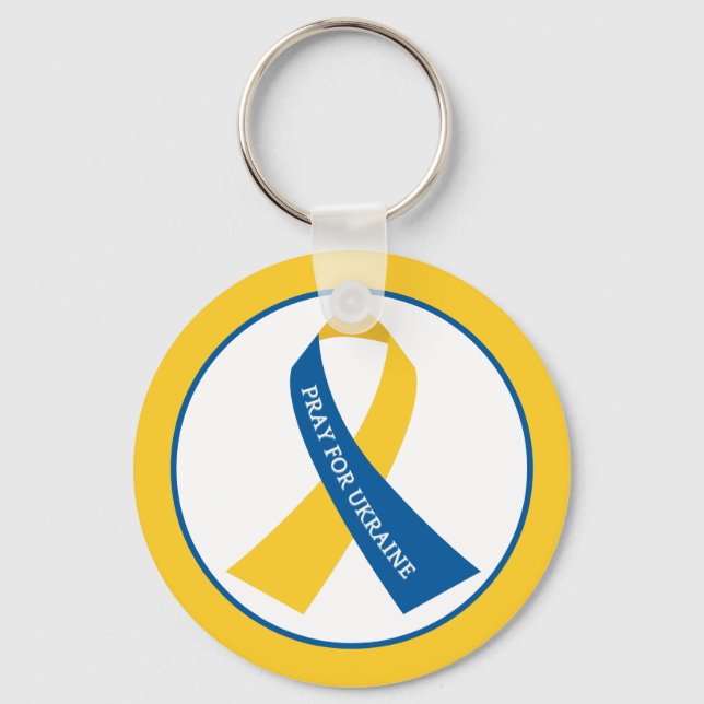 Pray for Ukraine Blue Yellow Ribbon Key Ring (Front)