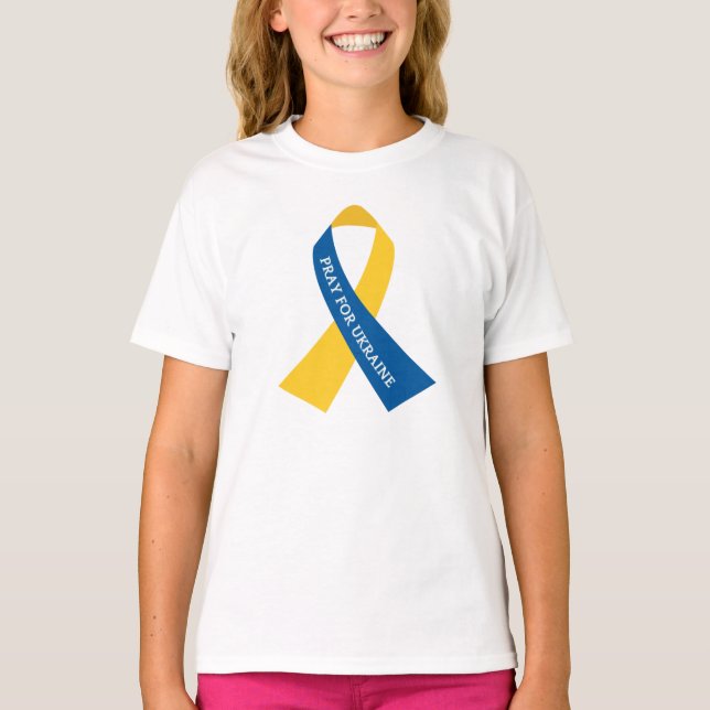 Pray for Ukraine Blue Yellow Ribbon Kids T-Shirt (Front)