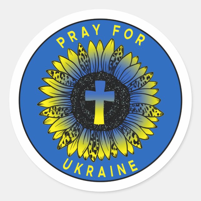 Pray for Ukraine Sunflower and Cross Classic Round Sticker (Front)