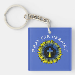 Pray for Ukraine Sunflower and Cross Key Ring