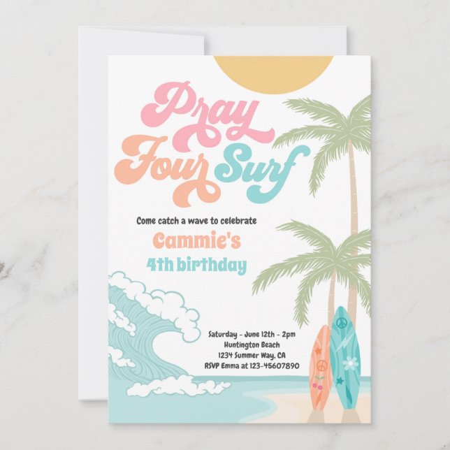 Pray Four Surf Retro Surf Beach 4th Birthday Invitation (Front)