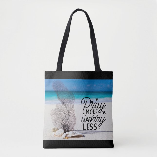 "Pray More Worry Less" Seashells on Sandy Beach  Tote Bag (Front)