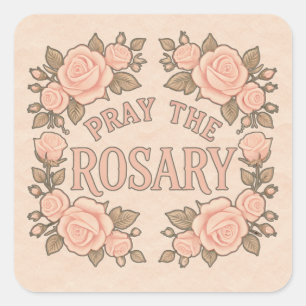 Pray the Rosary Peach Floral Religious Square Sticker