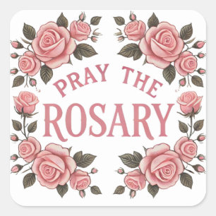 Pray the Rosary Pink Floral Religious Square Sticker