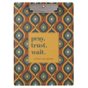 Pray Trust Wait Retro Ikat Green Gold Clipboard