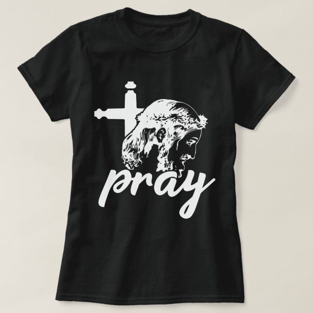 Pray Typography Jesus Image Black & White Women's T-Shirt (Design Front)