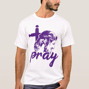 Pray Typography Jesus Image Purple T-Shirt