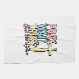 Pray Wait Trust Cross Christian Vintage Tea Towel