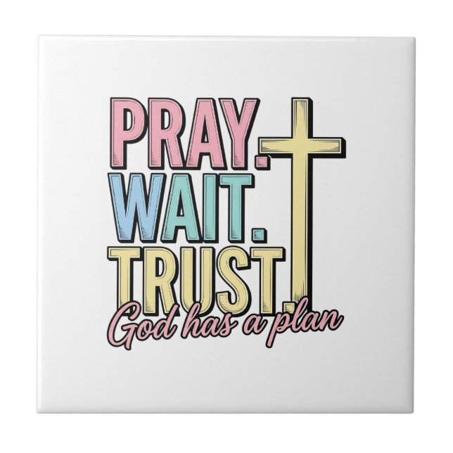 Pray Wait Trust Cross Christian Vintage Tile (Front)