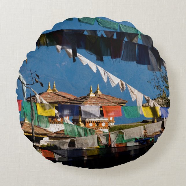Prayer flags and chortens round cushion (Front)