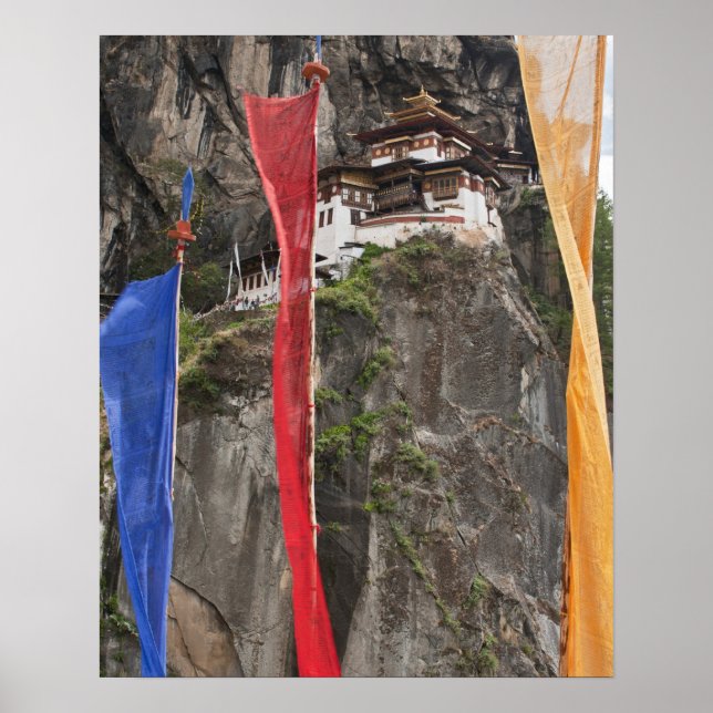 Prayer flags hang near Taktshang Poster (Front)