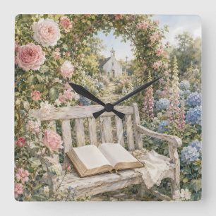 Prayer Garden Bench Chapel Watercolor Square Wall Clock