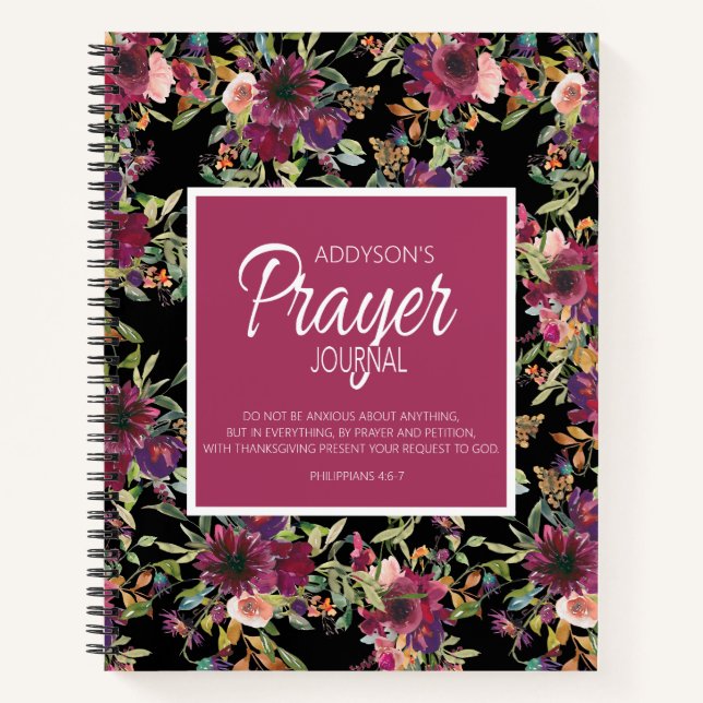 Prayer Journal Burgundy Pink Floral Black (Front)