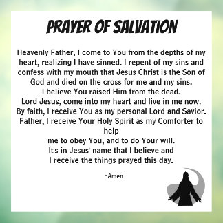 PRAYER OF SALVATION add church or ministry on back Window Cling