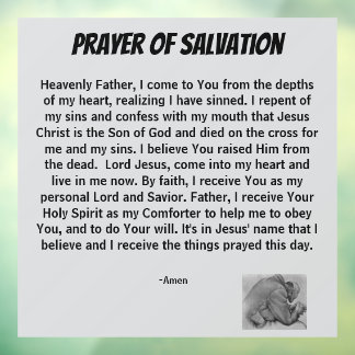 PRAYER OF SALVATION add church or ministry on back Window Cling