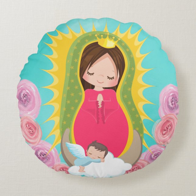 Prayer Our Lady of Guadalupe Catholic Round Cushion (Front)