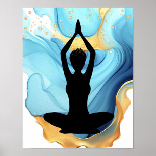 Prayer Pose Yoga woman Blue Gold short hair swirl Poster
