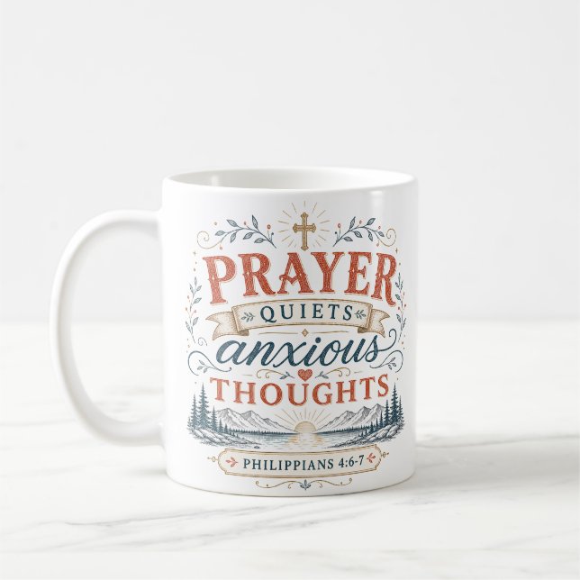 Prayer Quiets Anxious Thoughts Christian Quote Coffee Mug (Left)