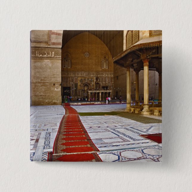 Prayer rugs leading into Islamic mosque, Cairo, 15 Cm Square Badge (Front)