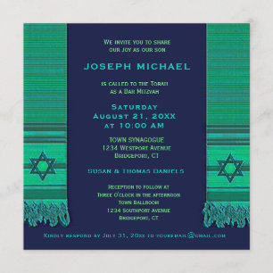 Prayer Shawl Blue and Green Bar Mitzvah Invitation