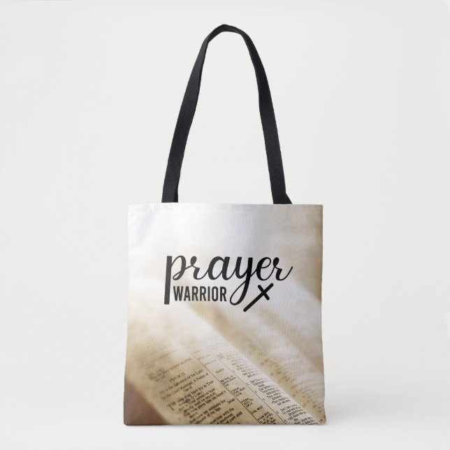 PRAYER WARRIOR Open Bible Christian Cross Tote Bag (Front)