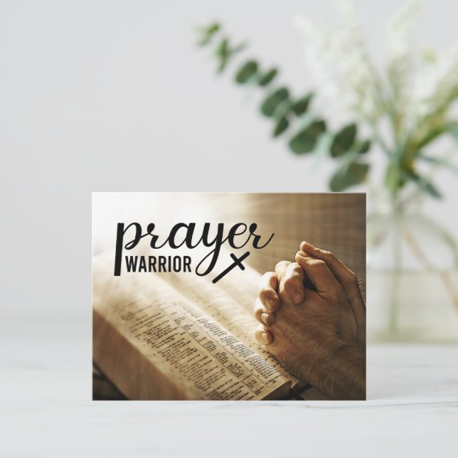 PRAYER WARRIOR Praying Hands Bible Christian Cross Postcard (Standing Front)