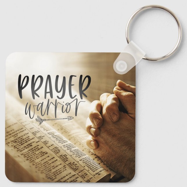 PRAYER WARRIOR Praying Hands on Open Bible Key Ring (Back)