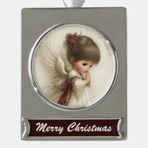 Prayerful Angel – Christmas Banner Design Silver Plated Banner Ornament