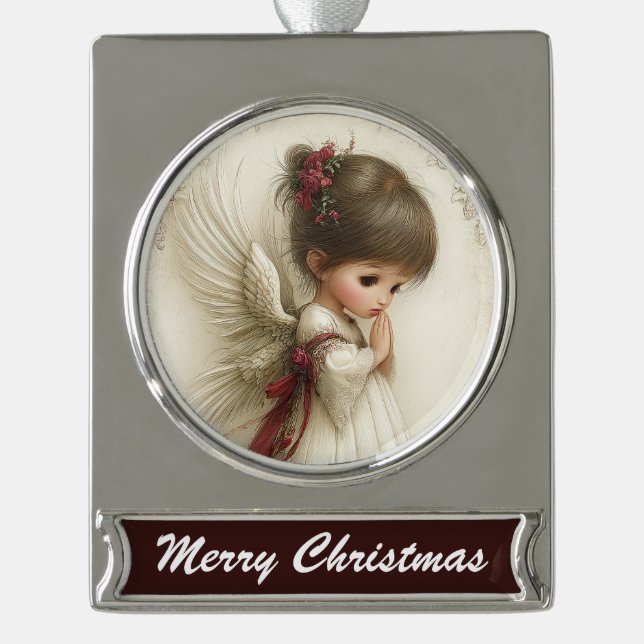 Prayerful Angel – Christmas Banner Design Silver Plated Banner Ornament (Front)