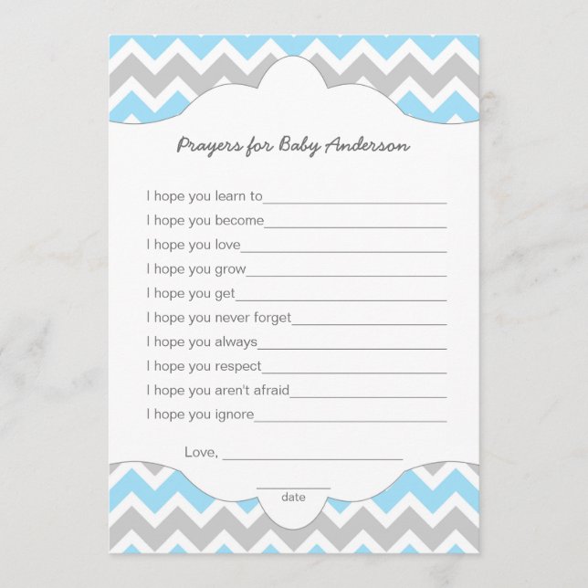 Prayers for Baby, BOY baby shower wishes game Advice Card (Front)