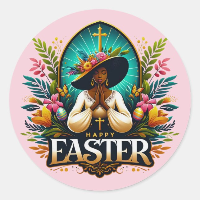 Praying African American Woman Religious Easter Classic Round Sticker (Front)