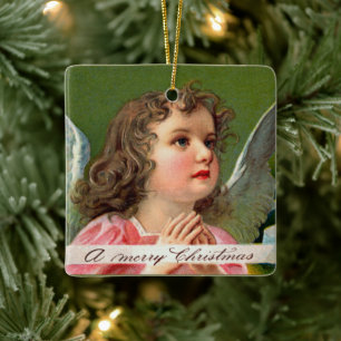 Praying Angel with Christmas Banner Ceramic Ornament