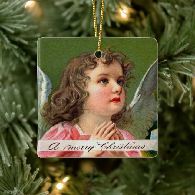 Praying Angel with Christmas Banner  Ceramic Ornament (Tree)