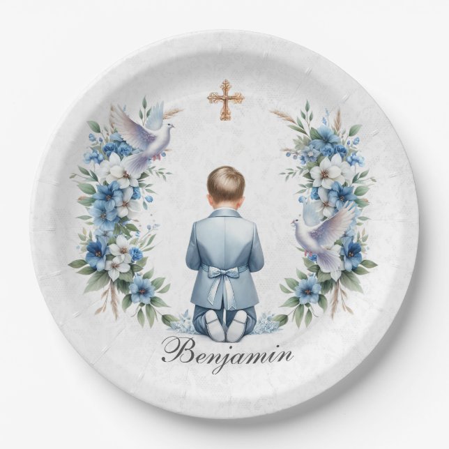 Praying Boy Holy Communion Paper Plate (Front)