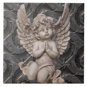 Praying Cherub Angel on Ornate Steel Background Tile