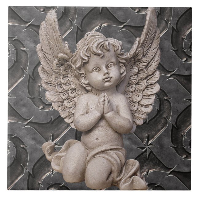 Praying Cherub Angel on Ornate Steel Background Tile (Front)