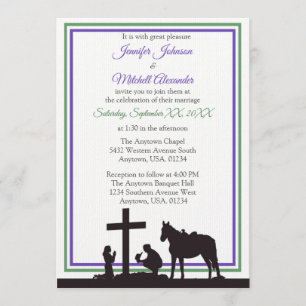 Praying Cowboy and Bride Purple and Green Wedding Invitation