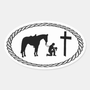 Praying Cowboy Cross Euro Style Oval Sticker