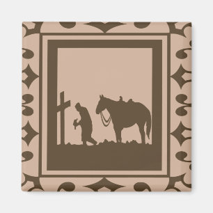 Praying Cowboy With Horse At Cross Magnet