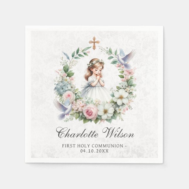 Praying Girl White Doves Floral First Communion Napkin (Front)